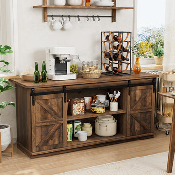 Farmhouse Sideboard Buffet Cabinet, Coffee Bar Storage with Sliding Barn Doors, Shelf Dining Room, Barnwood