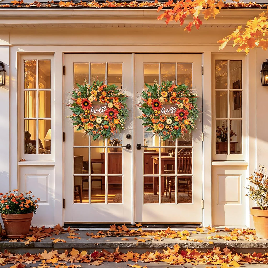 24 Inch Artificial Fall Wreaths for Front Door Outside with Hello Sign''