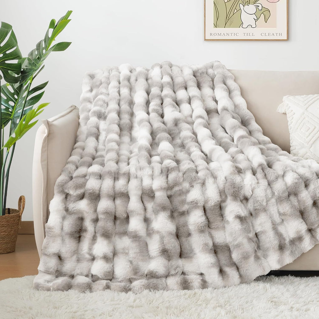 1000GSM Faux Rabbit Fur Throw Blanket, Super Heavy Warm Cozy Grey Blankets for Couch Bed Sofa, Ruched Plush Fuzzy