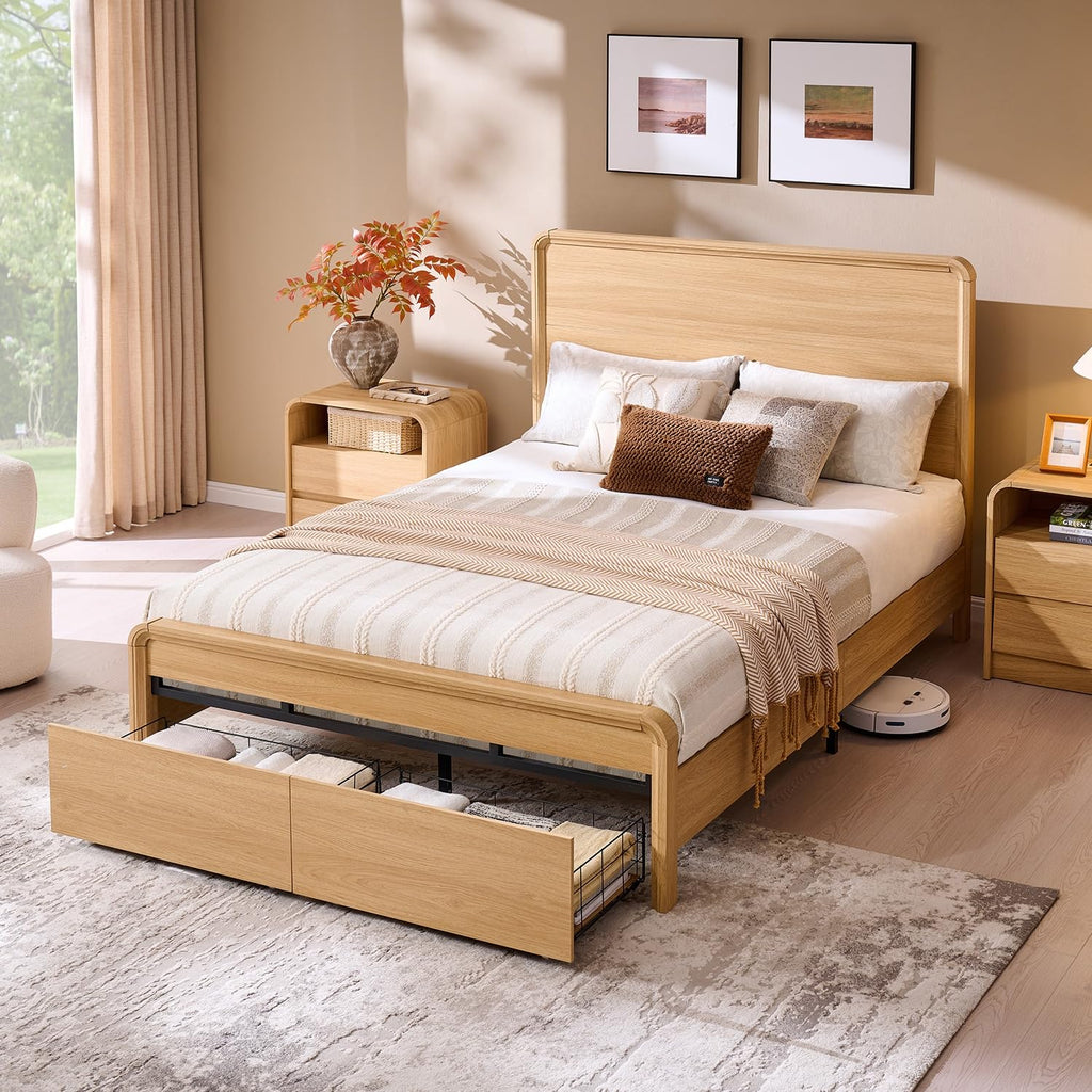 Modern Queen Size Bed Frame with 50" Tall Headboard, Natural Oak