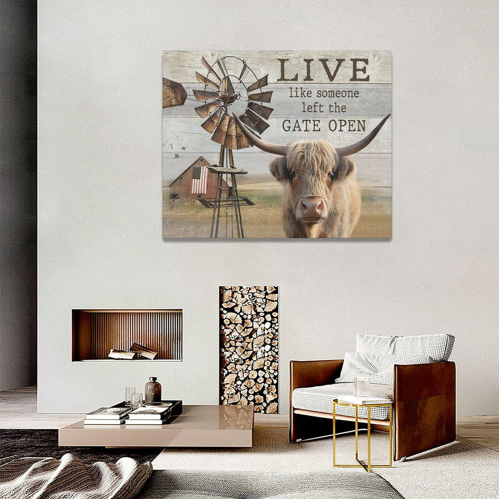Highland Cow Canvas Prints - Wall Decor Farmhouse Rustic Windmill Painting Modern Artwork Bathroom Living Room 20"x16"