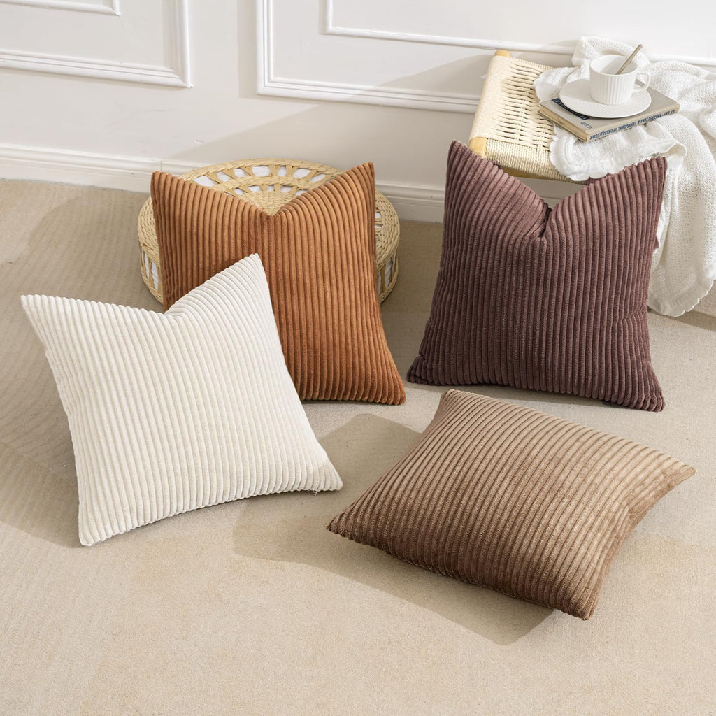 Boho Farmhouse Throw Pillow Covers 18x18 Inch Set of 4 Rustic Mordern Neutral Cushion Covers Soft Corduroy Nordic