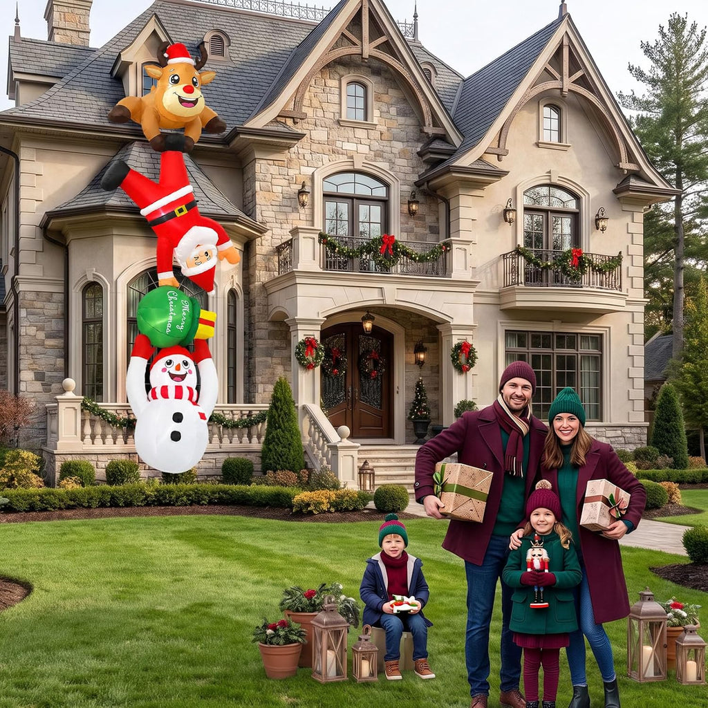 12FT Hanging Christmas Inflatable Outdoor Decorations Funny Santa & Snowman