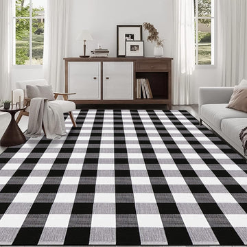 Buffalo Plaid Rug Black and White Area Rug, Washable Cotton Woven Indoor/Outdoor Rug for Farmhouse/Dining