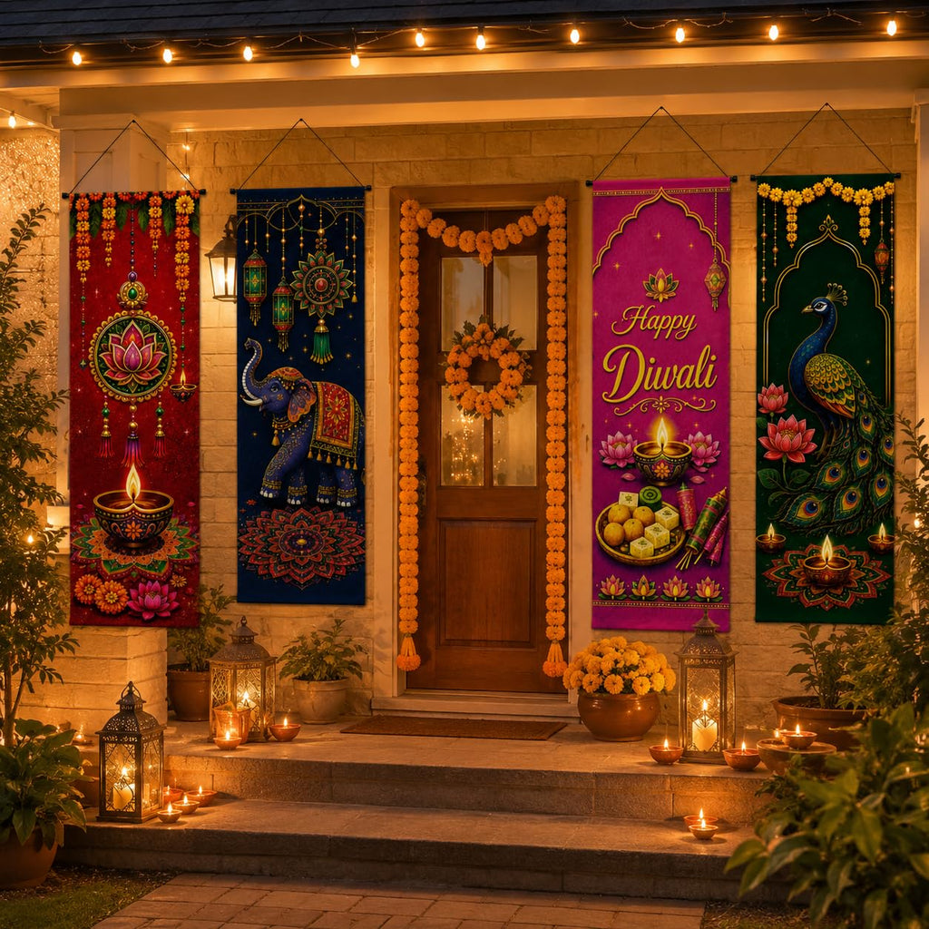 4 Pcs Happy Diwali Banner Set, Diwali Door Decorations 16.1 x 47.2 Inch, Indian Festival of Lights Porch Signs with