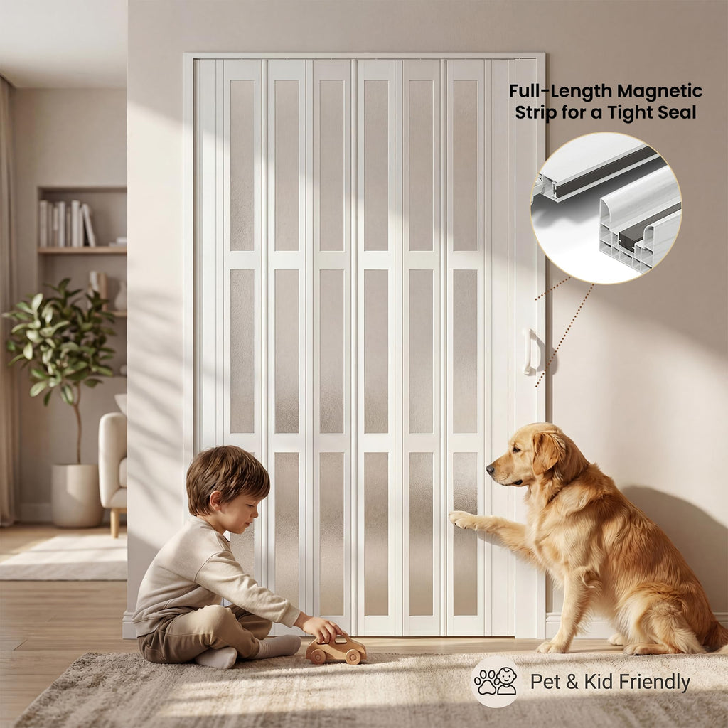 36" x 80" Accordion Doors with Frosted Acrylic Glass, White