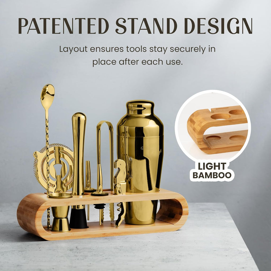 Cocktail Shaker Set with Bamboo Stand - Professional 10-Piece Bartender Kit, Complete Bar Set Use with Jigger