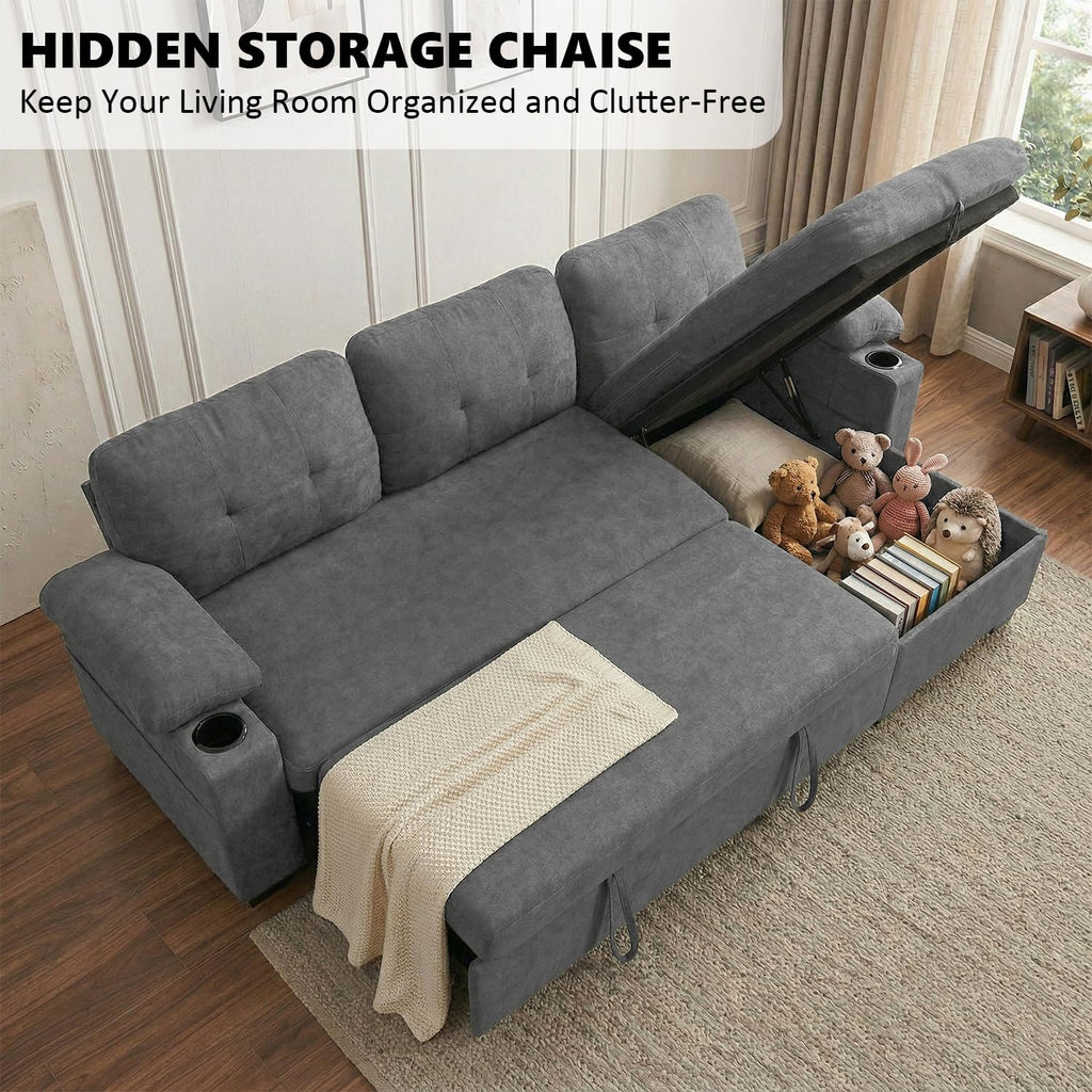 93" L Shaped Sleeper Sofa Bed, Pull Out Sectional Couch with Storage Chaise/Reclining Backrest, Sectional Couches