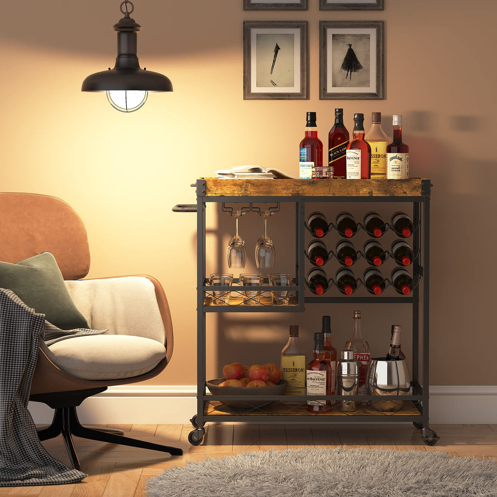 3 Tier Bar Cart with 12 Wine Racks, Serving Trolley, Rustic Brown