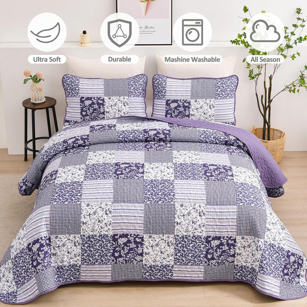 Quilt Set Queen,3 Pieces Boho Floral Plaid Bedspread Coverlet Set for All Season,Patchwork Reversible Bedding Set