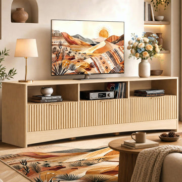 70" Fluted TV Stand for 80 inch TV, Boho TV Stands with Drawers, Oak