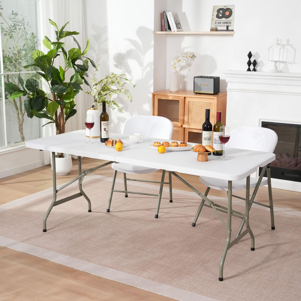 Folding Table 6ft, Heavy-Duty 500lbs Weight Capacity Foldable Table with HDPE Top & Steel Legs, Portable 6 Foot