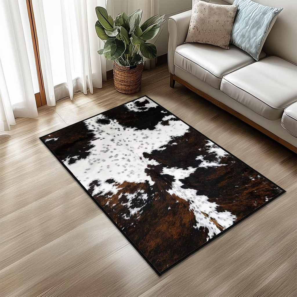 Cowhide Area Rug Western Rug Ultra-Thin Washable Throw Carpet Brown Cow Print Rugs Indoor Vintage Rugs Non Slip
