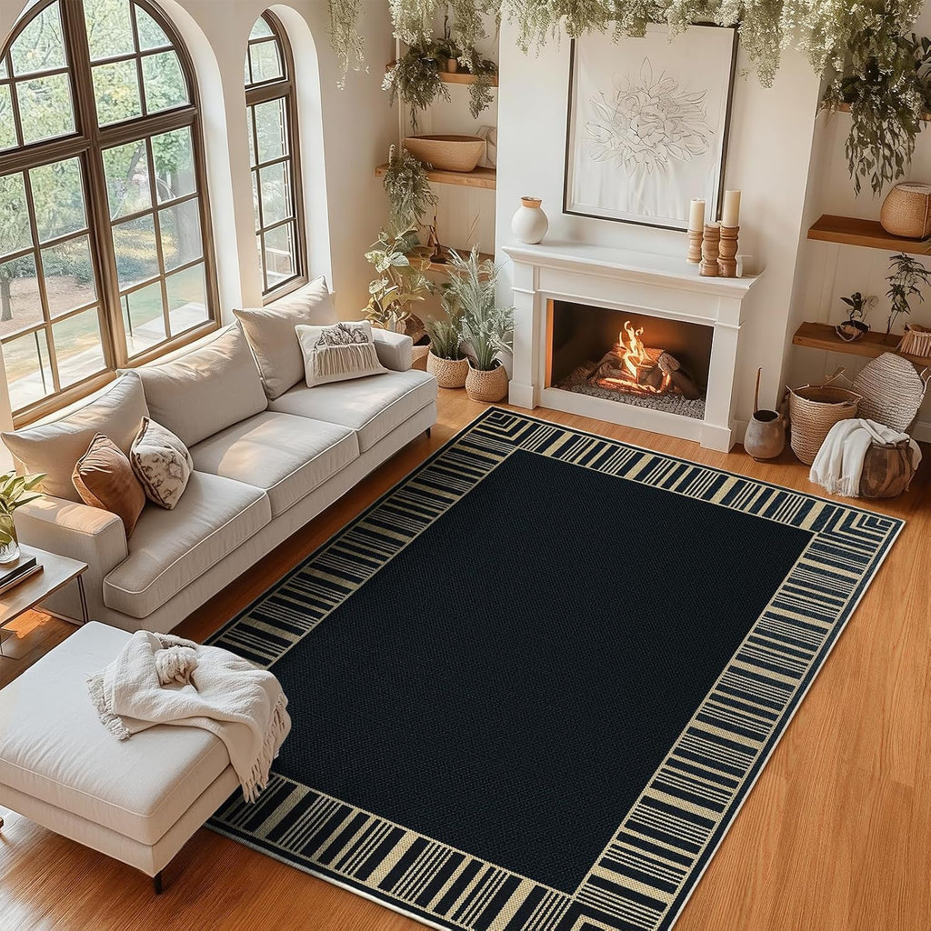 Striped Border Outdoor Rug 5x7 Area Rugs, Washable Rugs Non Slip, Farmhouse Neutral Patio Carpet for Backyard Dining
