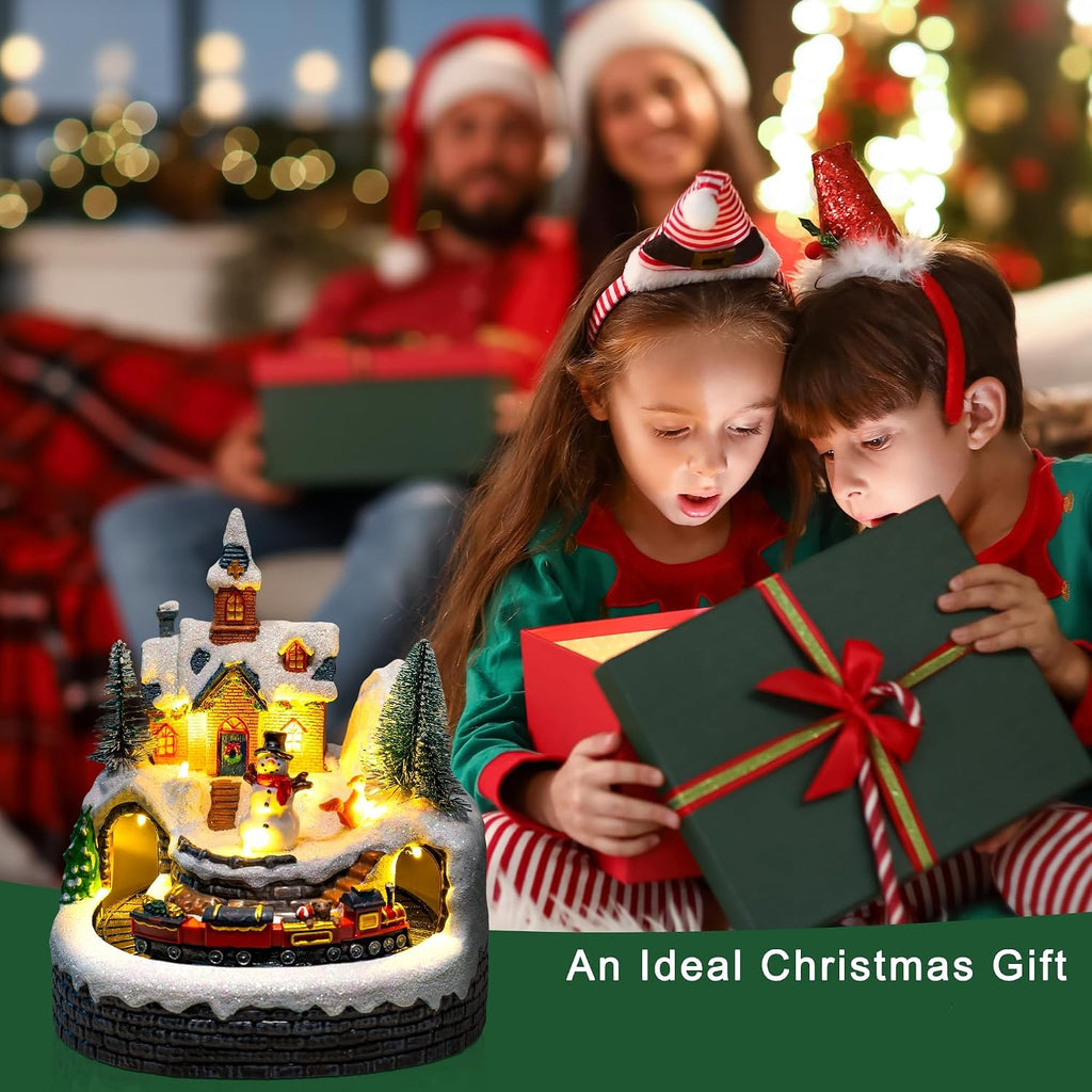 Animated Musical Christmas Village Figurines - Church Building and Snowman Statues with Rotating Train, LED Lights