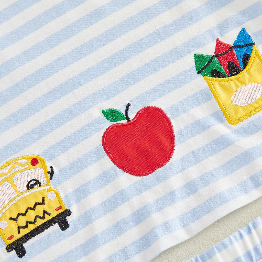 Little Girl Back To School Outfit Apple Pencil Embroidered Striped Peter Pan Collar Fly Sleeve Tops and Shorts Set