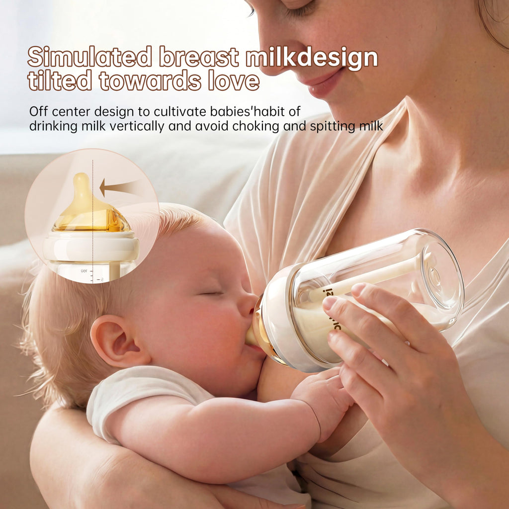 Natural Glass Baby Bottle for Breastfeeding Babies, Newborn Anti-Colic Bottle Set with Large Flow Nipple (L), 0-3