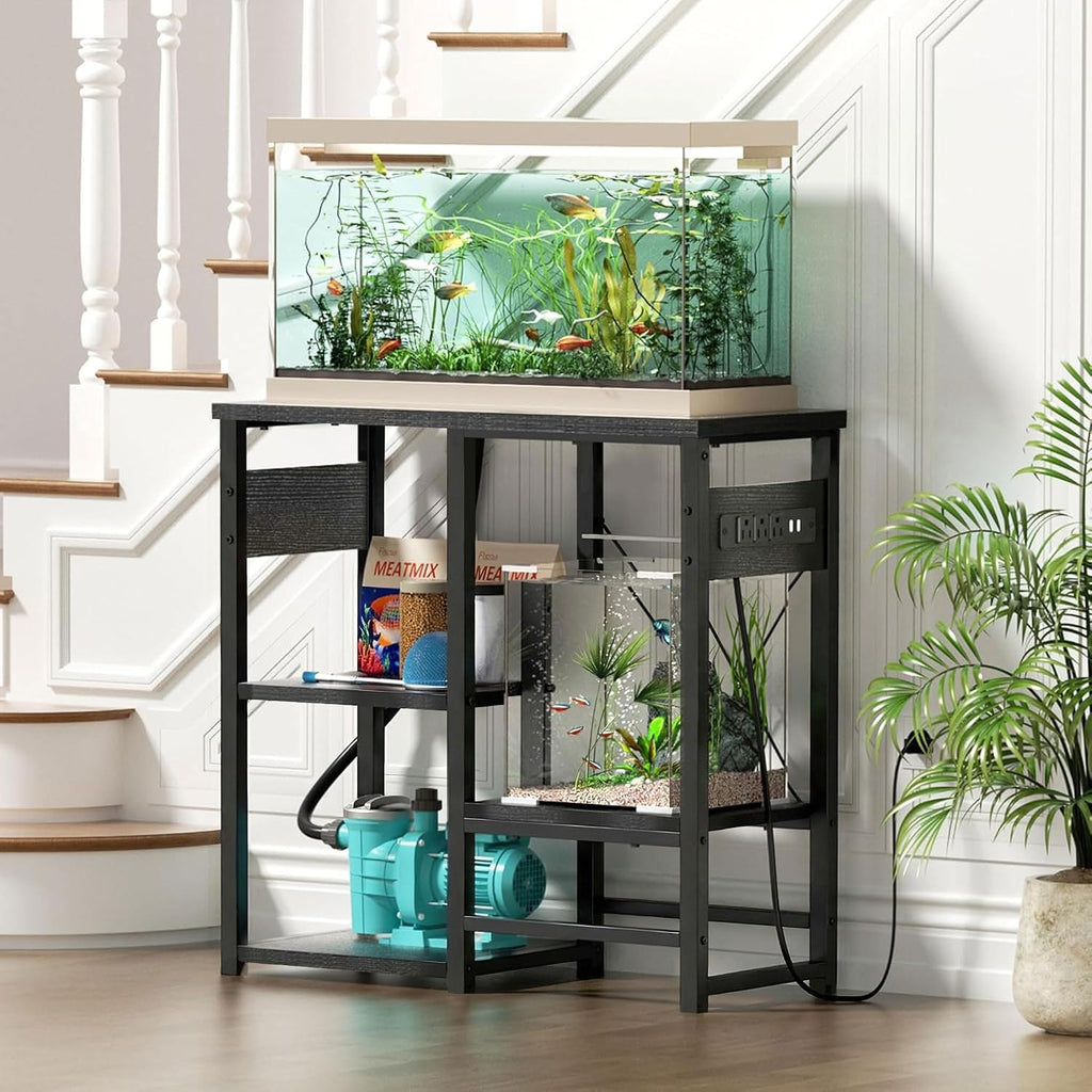 20-30 Gallon Fish Tank Stand with Power Outlets, 4 Tier Metal Aquarium Stand with Wood Storage Shelves, 30.7" L x