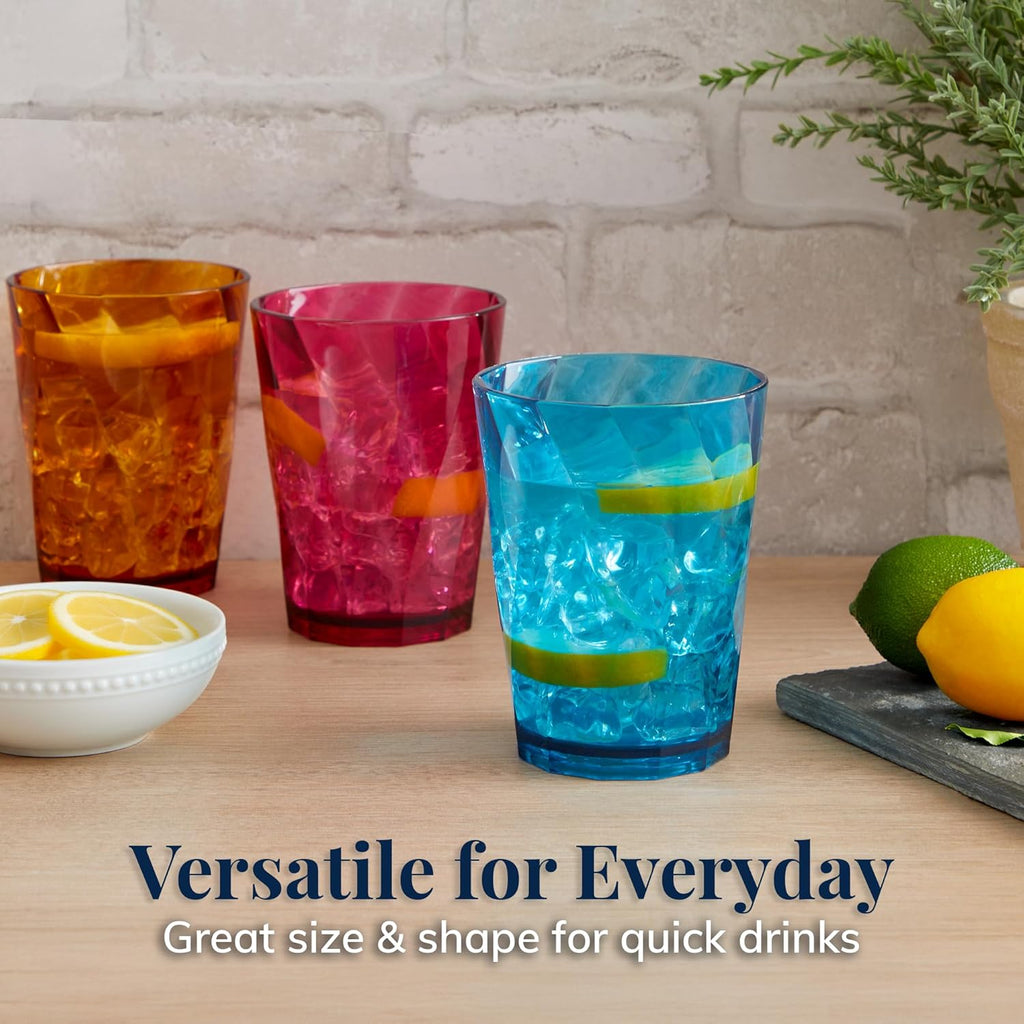 Optix Plastic Reusable Drinking Glasses (Set of 8) 14oz Rocks Cups in Jewel Tone Colors | BPA-Free Tumblers, Made in