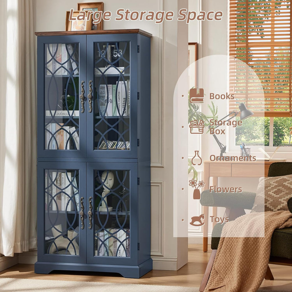 67" Tall Bookshelf, Rustic Book Shelf w/Vintage Pattern Tempered Glass Doors, 5-Tier Wood Bookcase with Adjustable