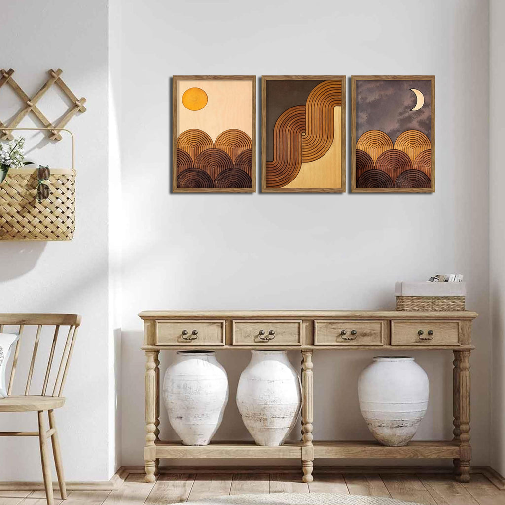 Abstract Framed Wooden Canvas Wall Art Set of 3 - Sun Moon Geometric Boho Modern Wall Decor, Golden Brown Mid Century