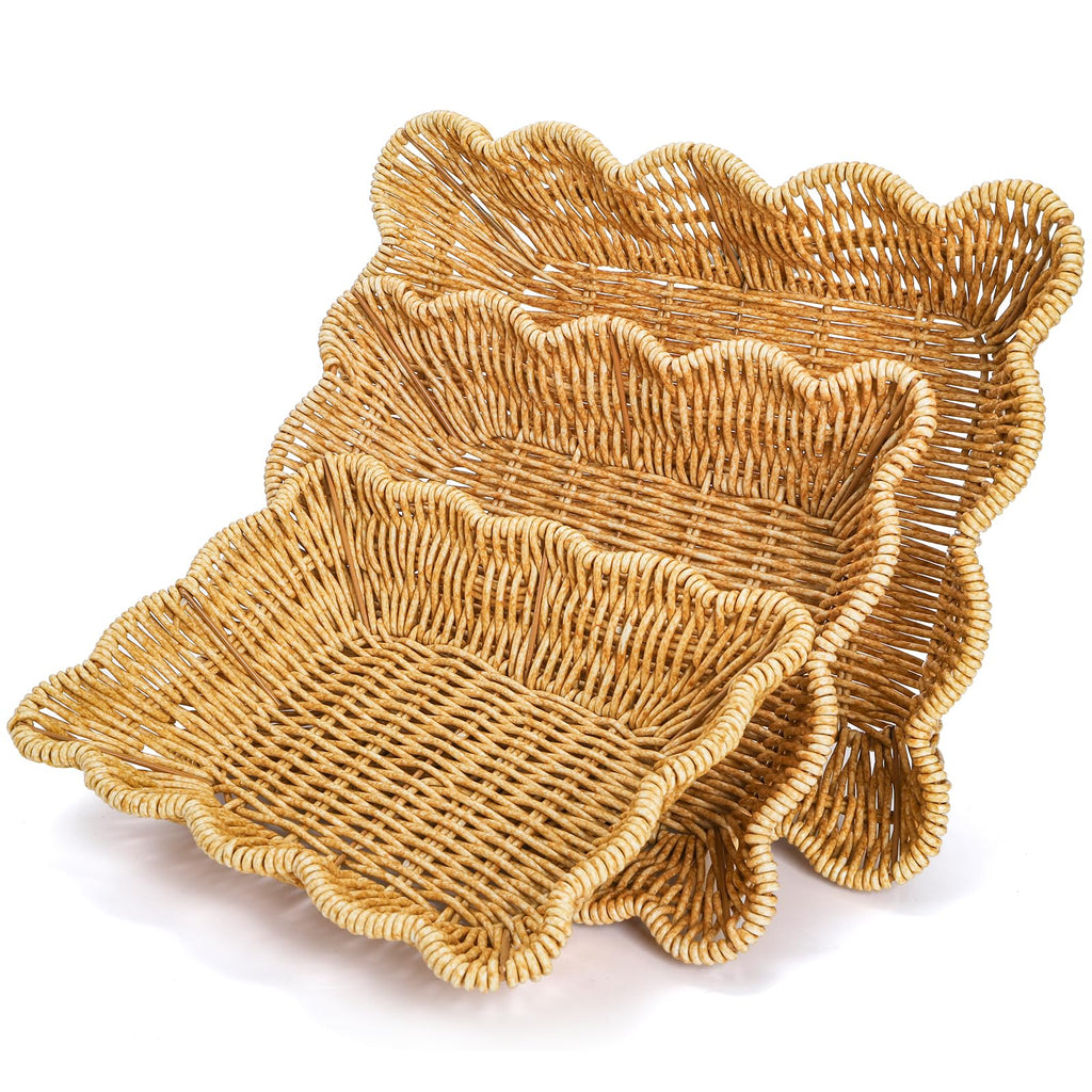 3 Pack Poly Wicker Bread Baskets, Imitation Rattan Fruit Baskets, Rectangular Tabletop Woven Serving Baskets Trays