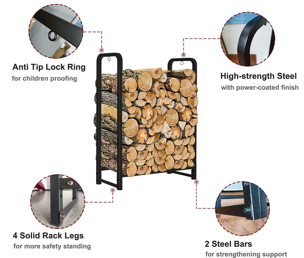 Firewood Rack Stand 2ft Heavy Duty Logs Holder for Outdoor Indoor Fireplace Metal Wood Pile Storage Stacker
