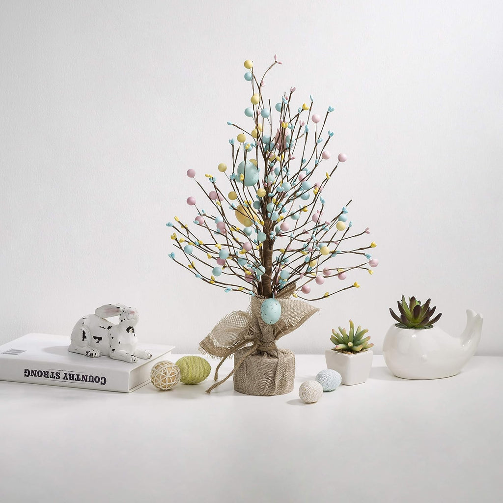 18"H Easter Eggs Table Tree with Burlap Base, Decorative Tree Table Centerpiece for Great Festival Easter Party Home