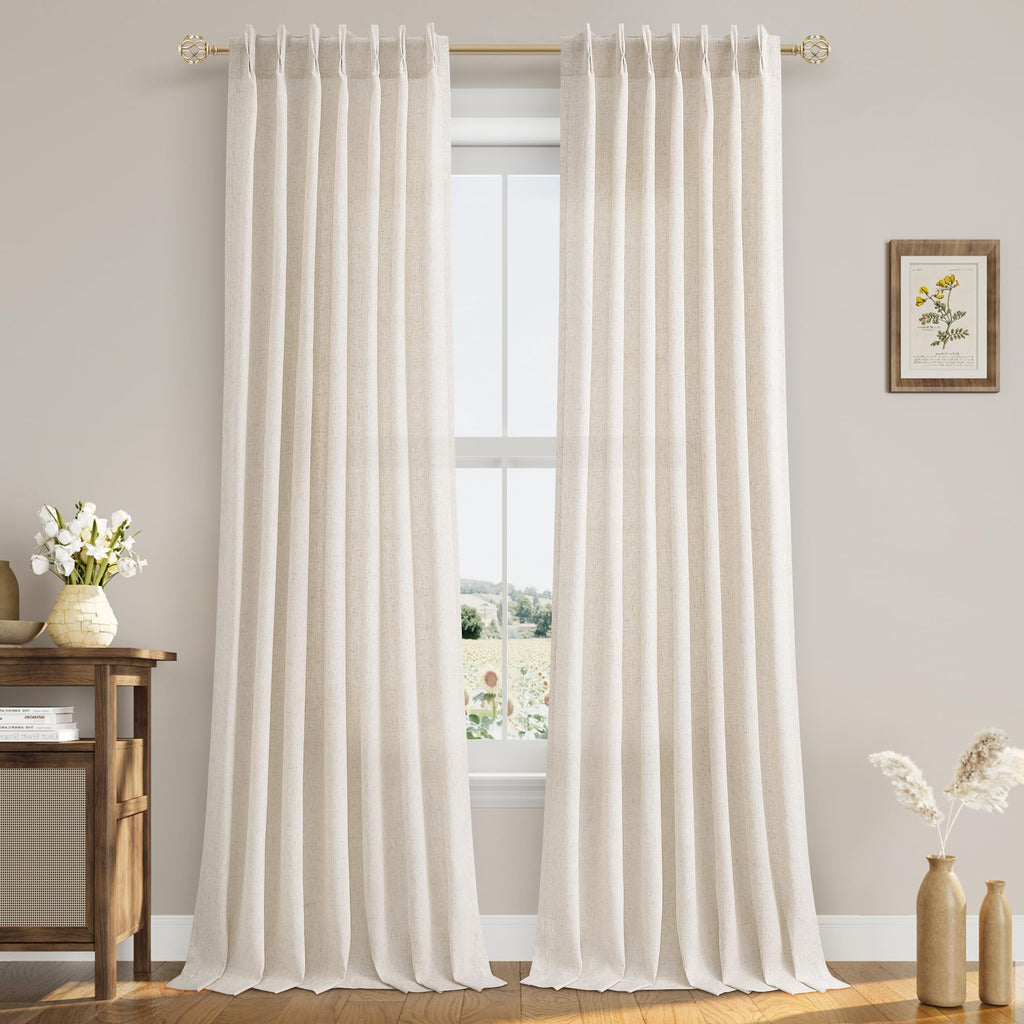 Linen Curtains 96 Inches Long Pinch Pleated Floor to Ceiling 8ft Cream Light Filtering Sheer Curtain Back Tab