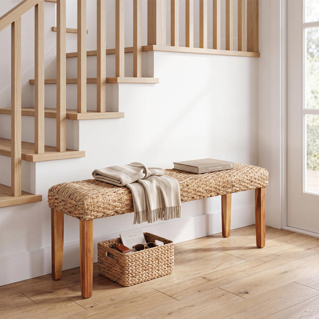 Indoor Wicker Bench 47" Solid Wood Acacia & Natural Woven Seat, Natural Leg