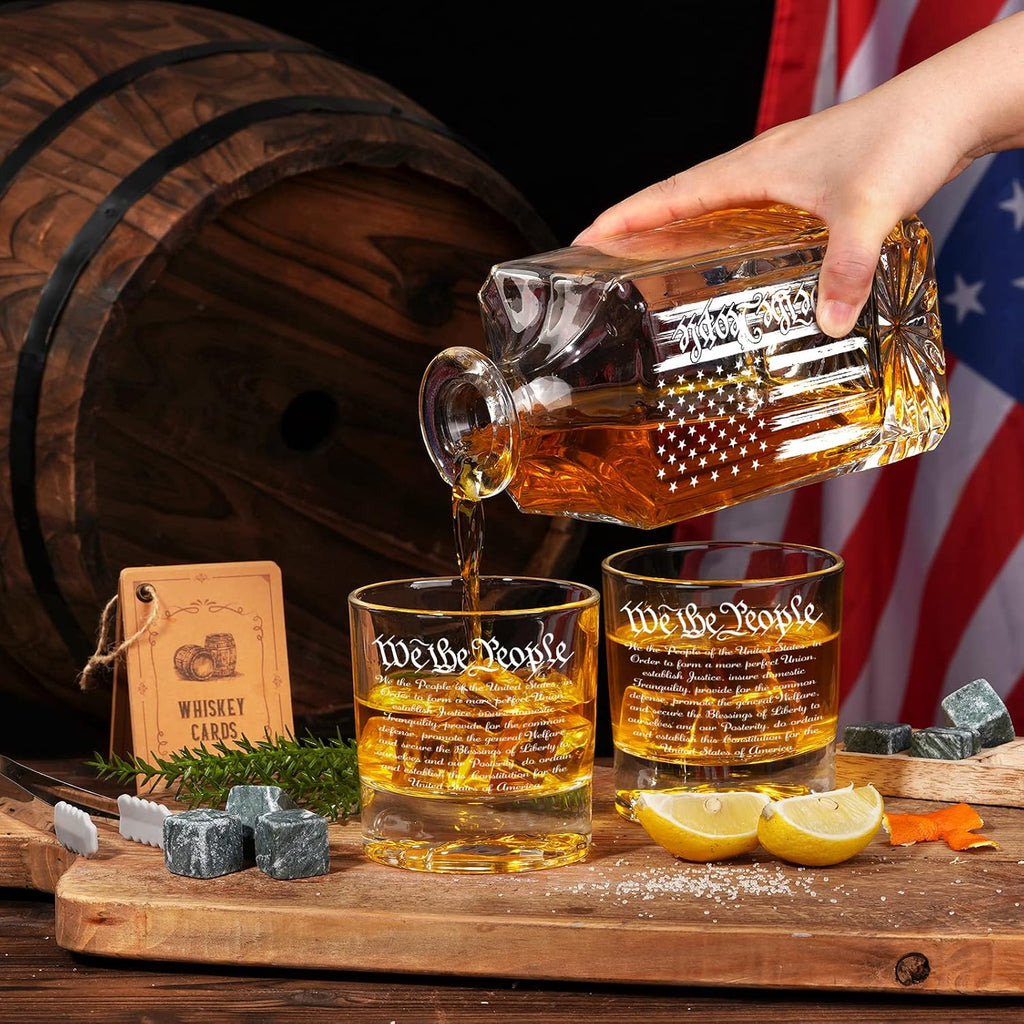 Whiskey Decanter Engraved We The People American Flag, 750ml Whiskey Decanter Set with 2 Glasses, Fathers Day