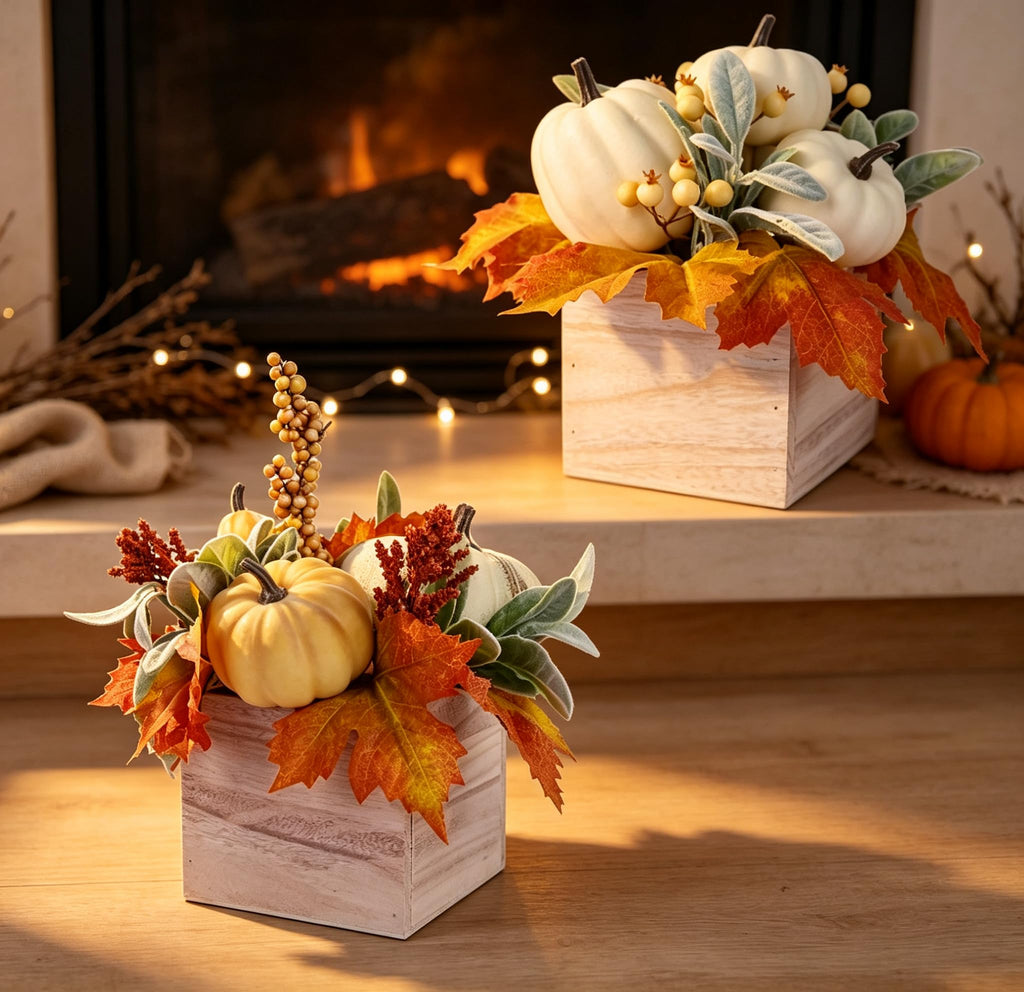 Fall Decorations Artificial Pumpkin Gourd Berries Leaves, 2 Pack