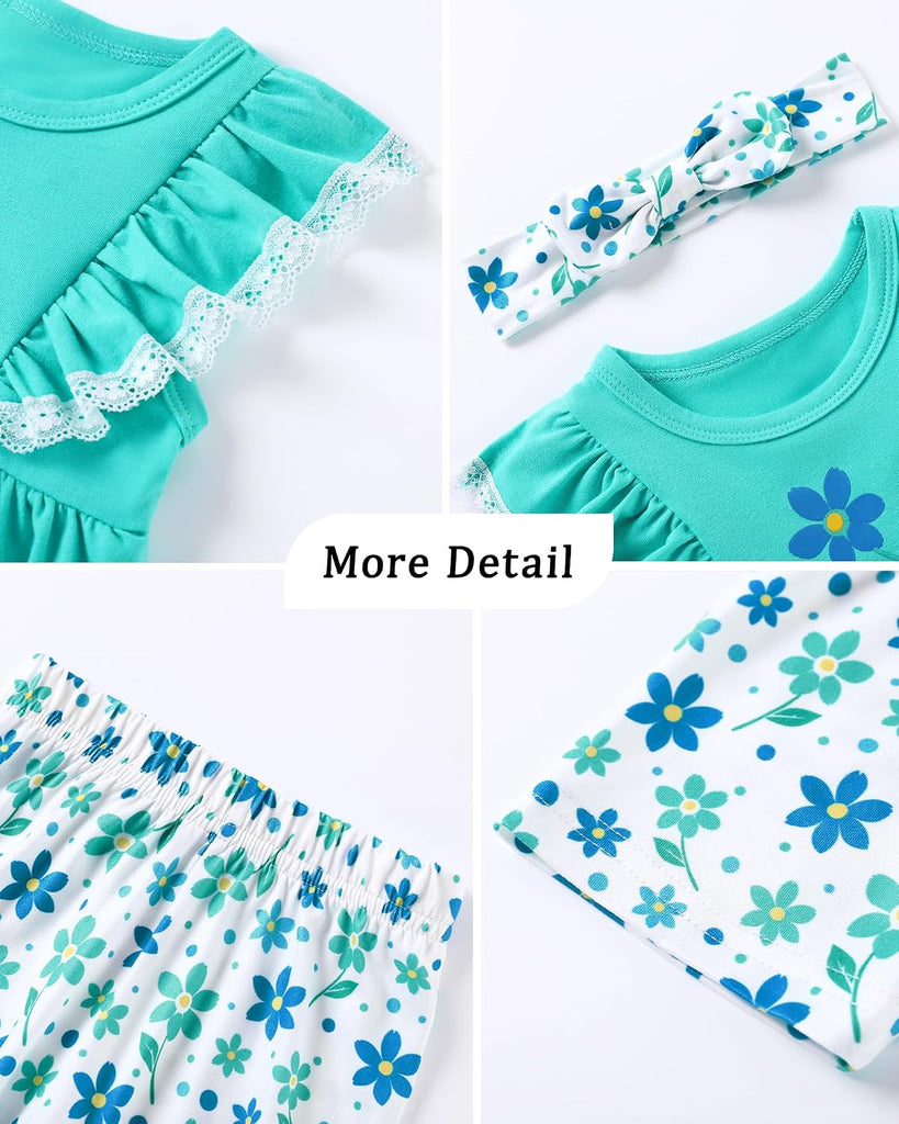 Toddler Baby Girl Shorts Set Summer Clothes 3 Piece Outfit Cute Ruffle Tops + Floral Shorts + Bows Headband