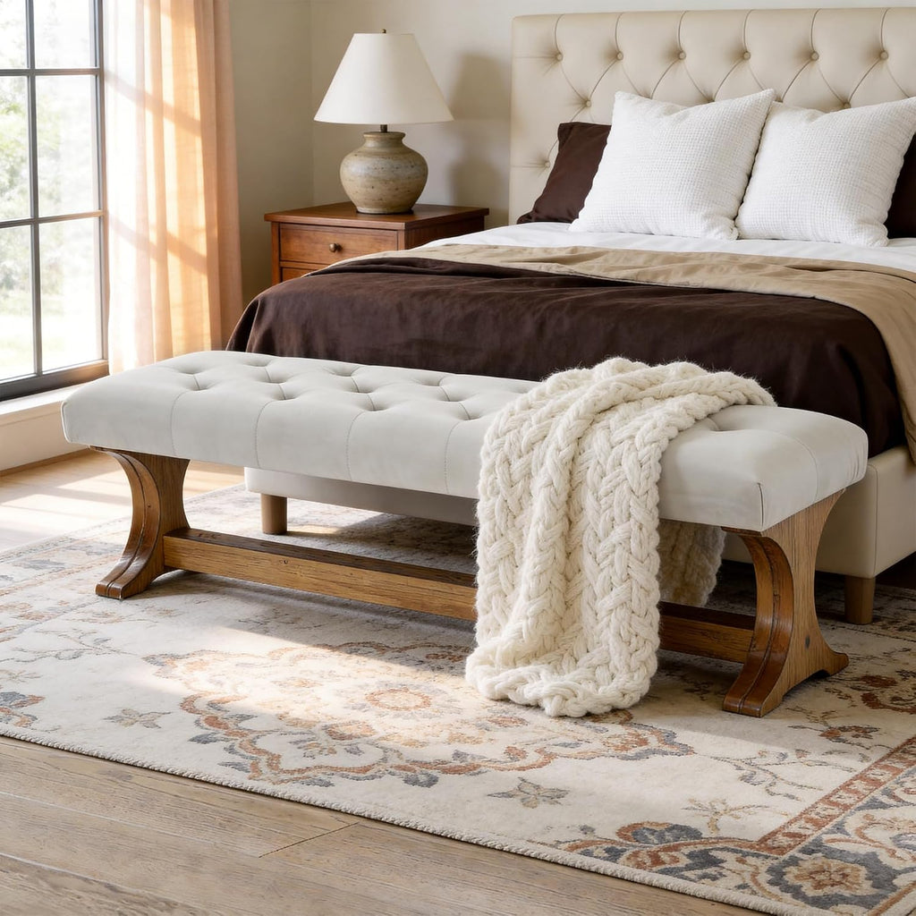 55" Upholstered End of Bed Bench, Solid Wood Tufted Entryway Bench, Farmhouse Ottoman with Cushion , Foot of Bed