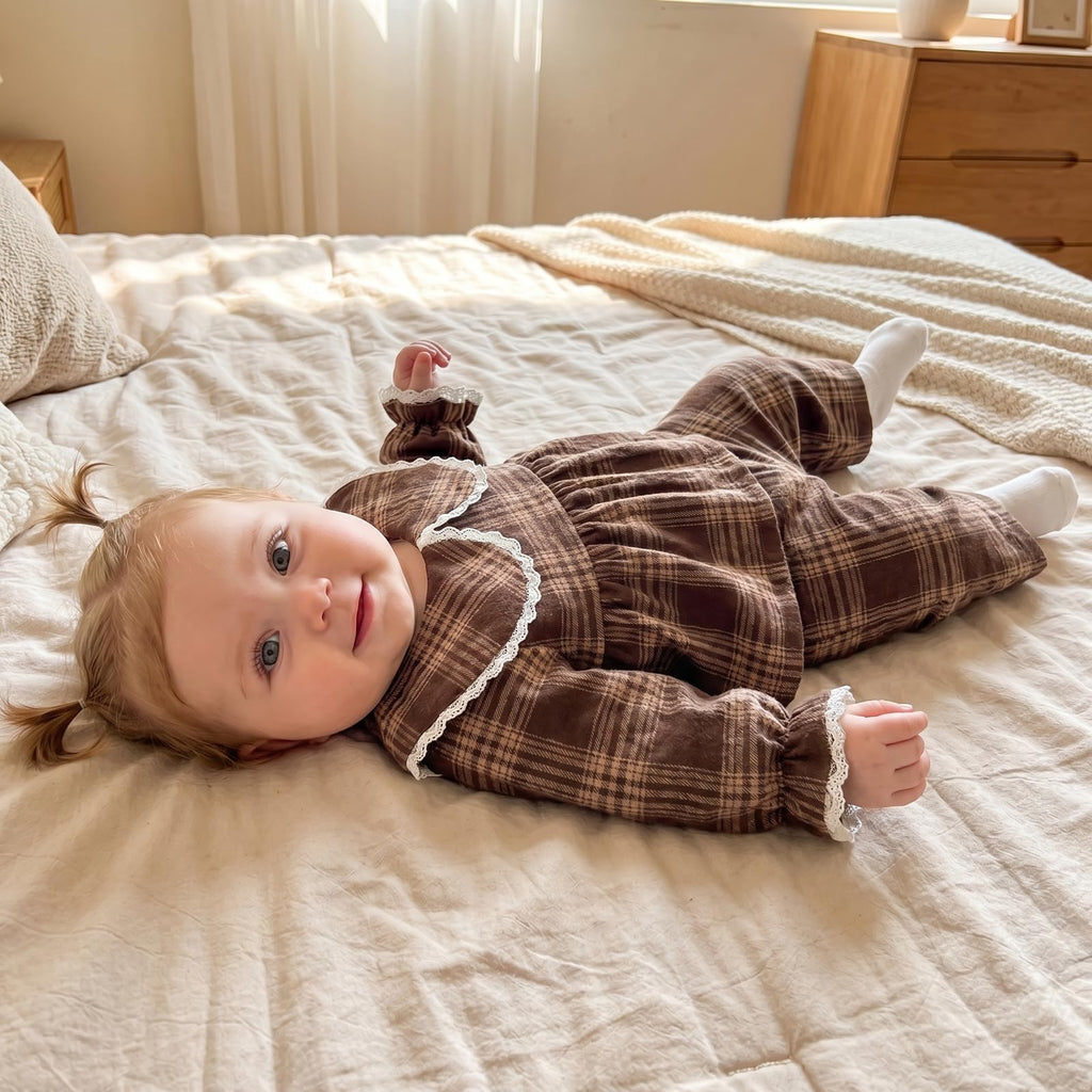 Baby Girl Peter Pan Collar Outfit Gingham Top Pants Set Fall Winter Clothes (Brown, )