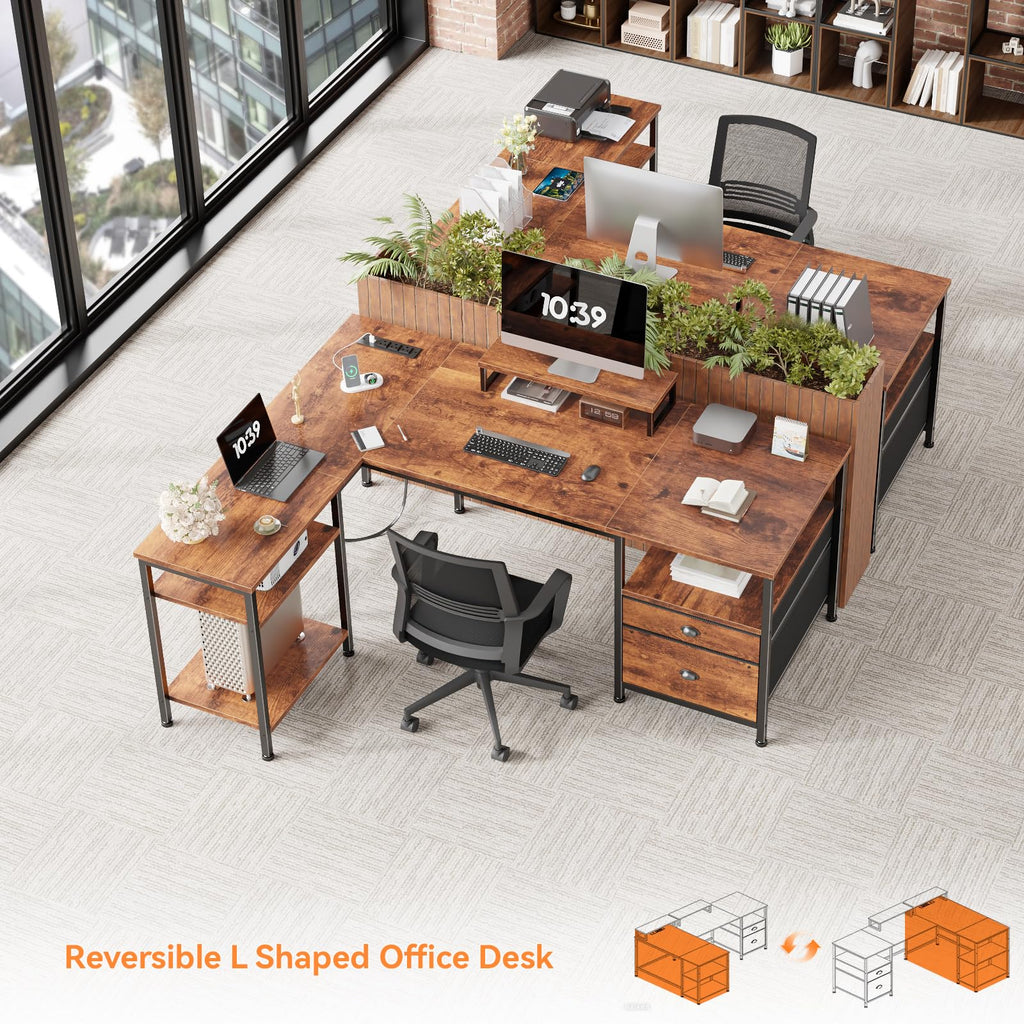 50 Inch L Shaped Computer Desk with Power Outlet, Rustic Brown