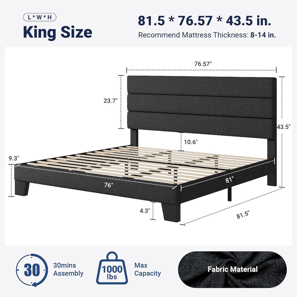 King Bed Frame Platform Bed with Fabric Upholstered Headboard and Wooden Slats Support