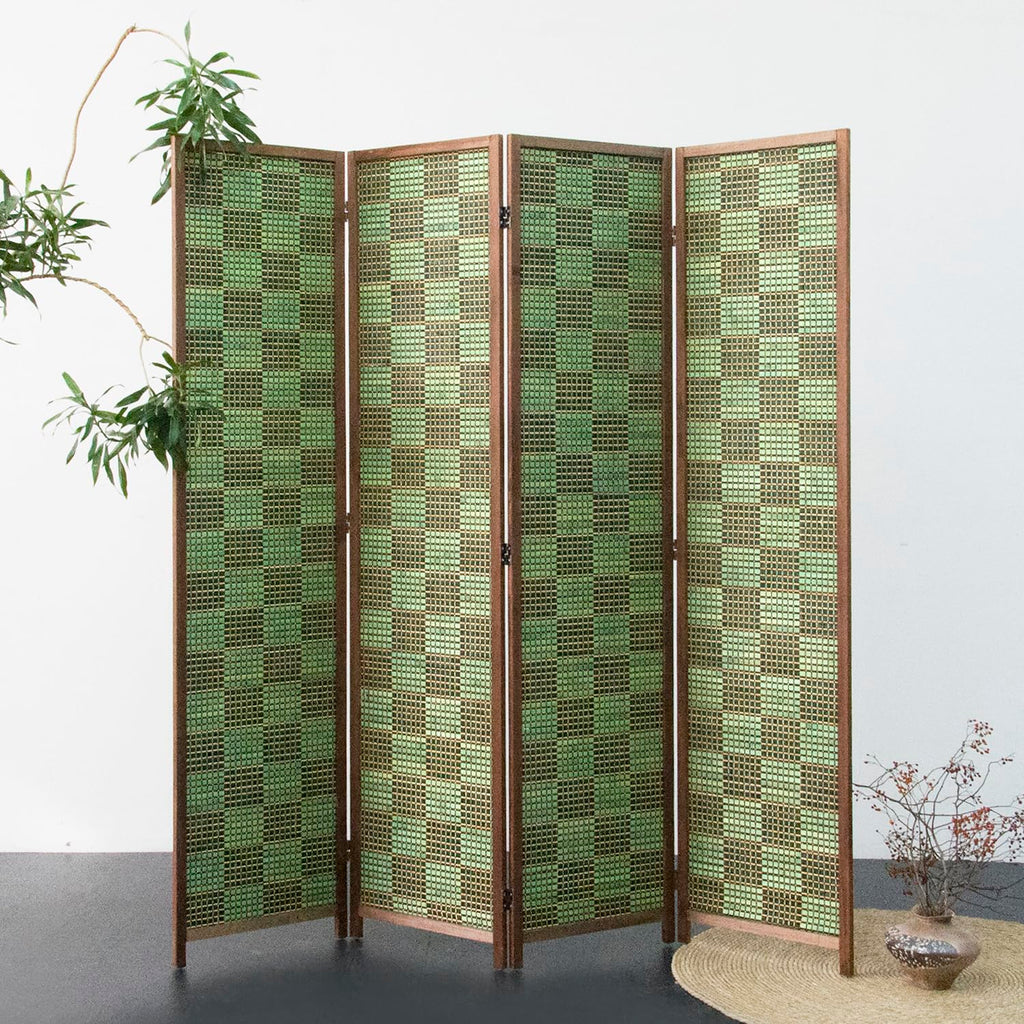 4 Panel Room Divider Screen and Folding Panel Screen, Double Sided Bamboo Divider for Room Separation, Emerald