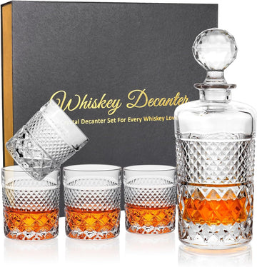 27oz Whiskey Decanter Set in Gift Box, Crystal Whiskey Decanter Sets for Men, Liquor Decanters with 4 Glasses, Gifts - Set of 5