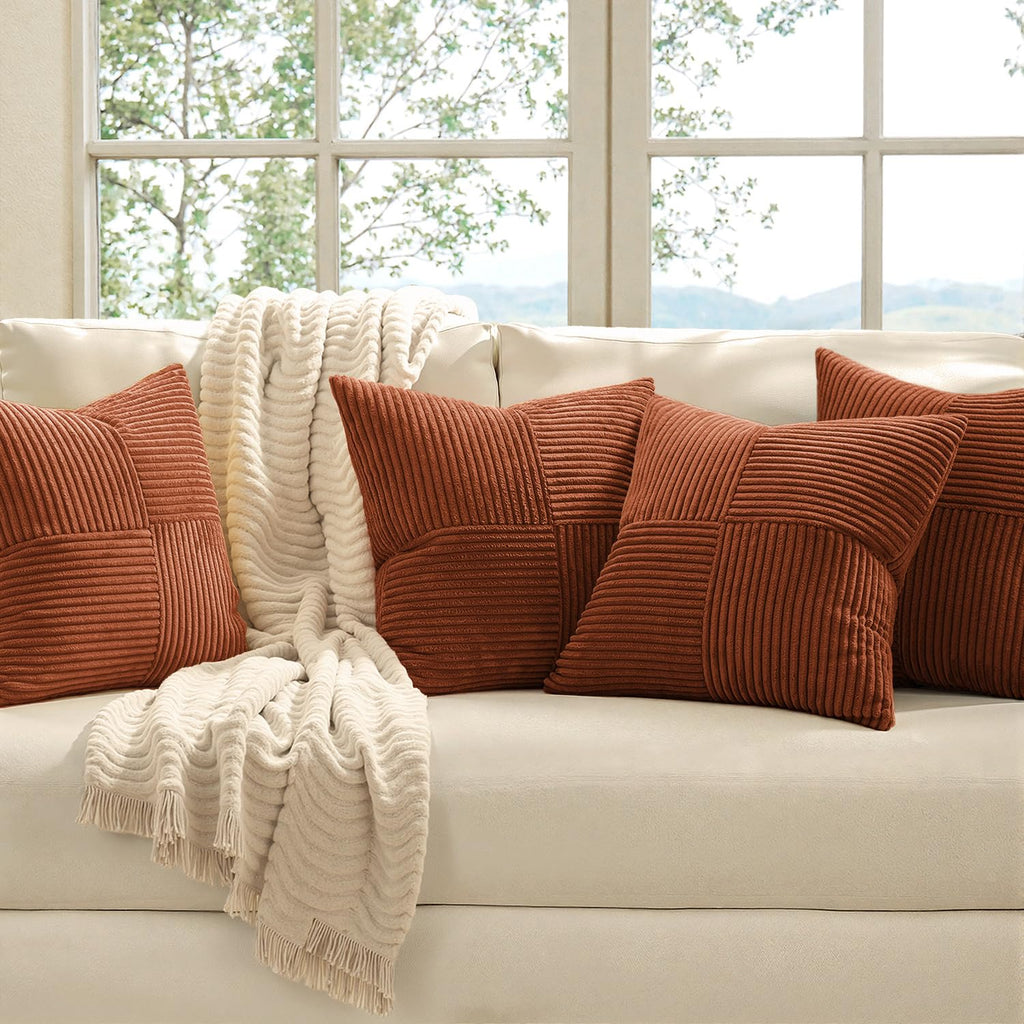 Fall Boho Farmhouse Rust Decorative Throw Pillow Covers 20x20 Inch 4 Packs Soft Vintage Pillow Cases Modern Corduroy