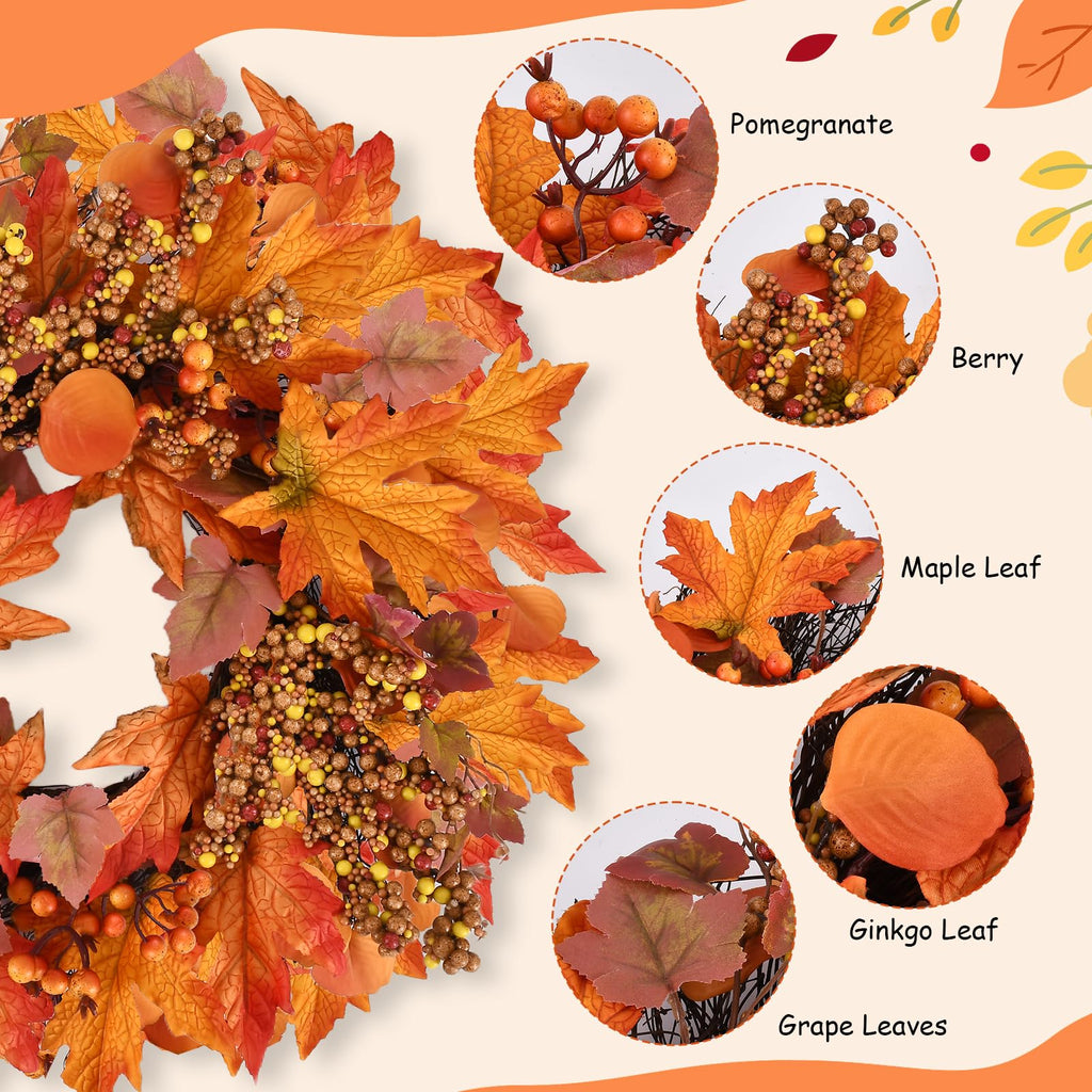 20 lnch Artificial Fall Wreath for Front Door Autumn Wreath with Hanger