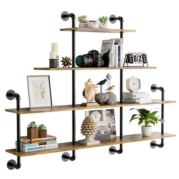 Industrial Pipe Shelving, 4 Tier Rustic Wooden Floating Shelves, Wall Display Bookshelf, Storage Rack Sundries Holder