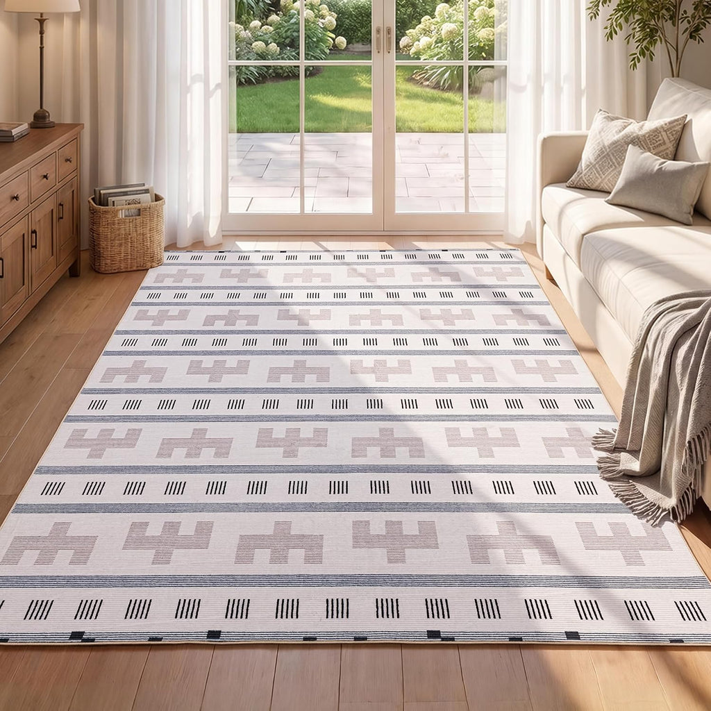 Washable Area Rug, Boho Southwestern, Cream Beige