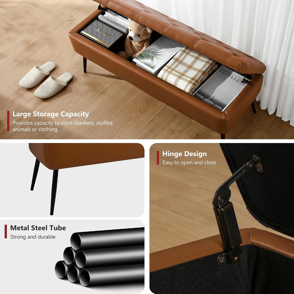 Leather Storage Ottoman Bench, End of Bed Bench with Steel Legs | Brown Leather Button Tufted Design | 660 lb