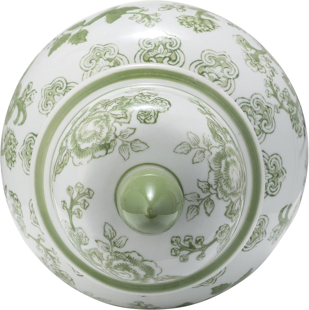 Temple Decorative Jar with Lid - Chinoiserie Ceramic Decorative Stoneware Decor - Modern Centerpiece - 14.25", Green
