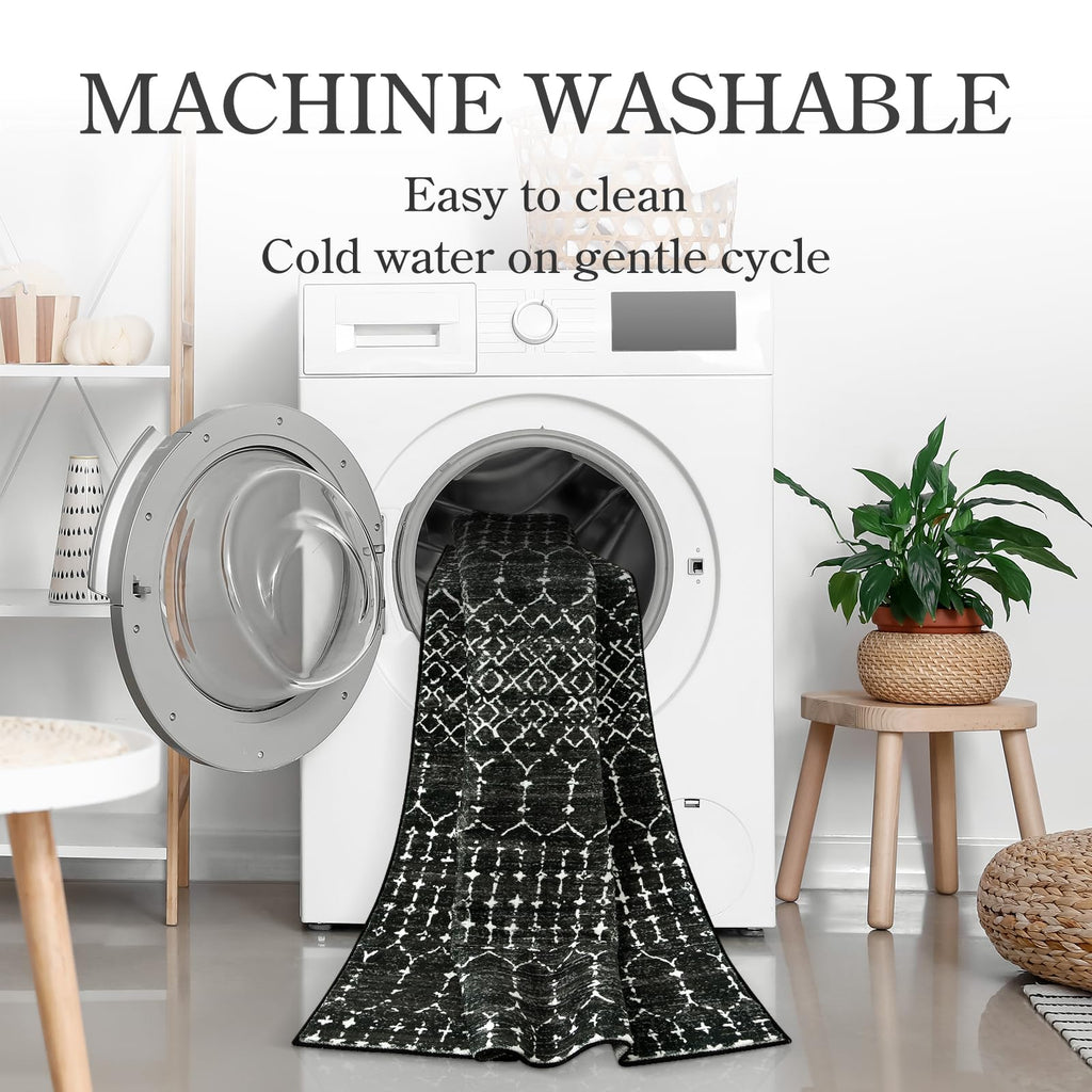 Moroccan Black Runner Rug Non-Slip, Kitchen Rug Runner Washable Non-Skid Hallway, Geometric Print Distressed