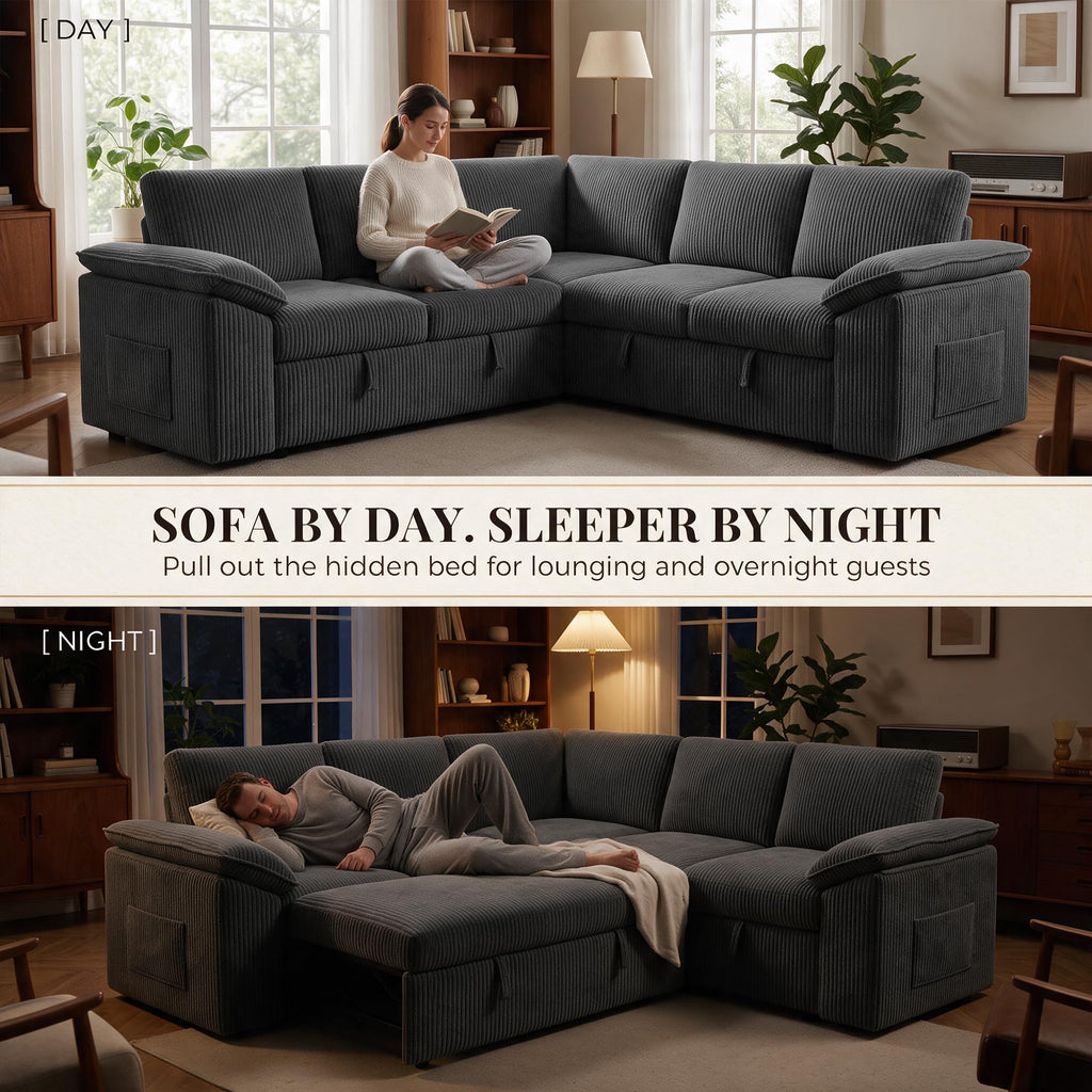 Modular Sectional Sleeper Sofa with Pull Out Bed, Dark Grey