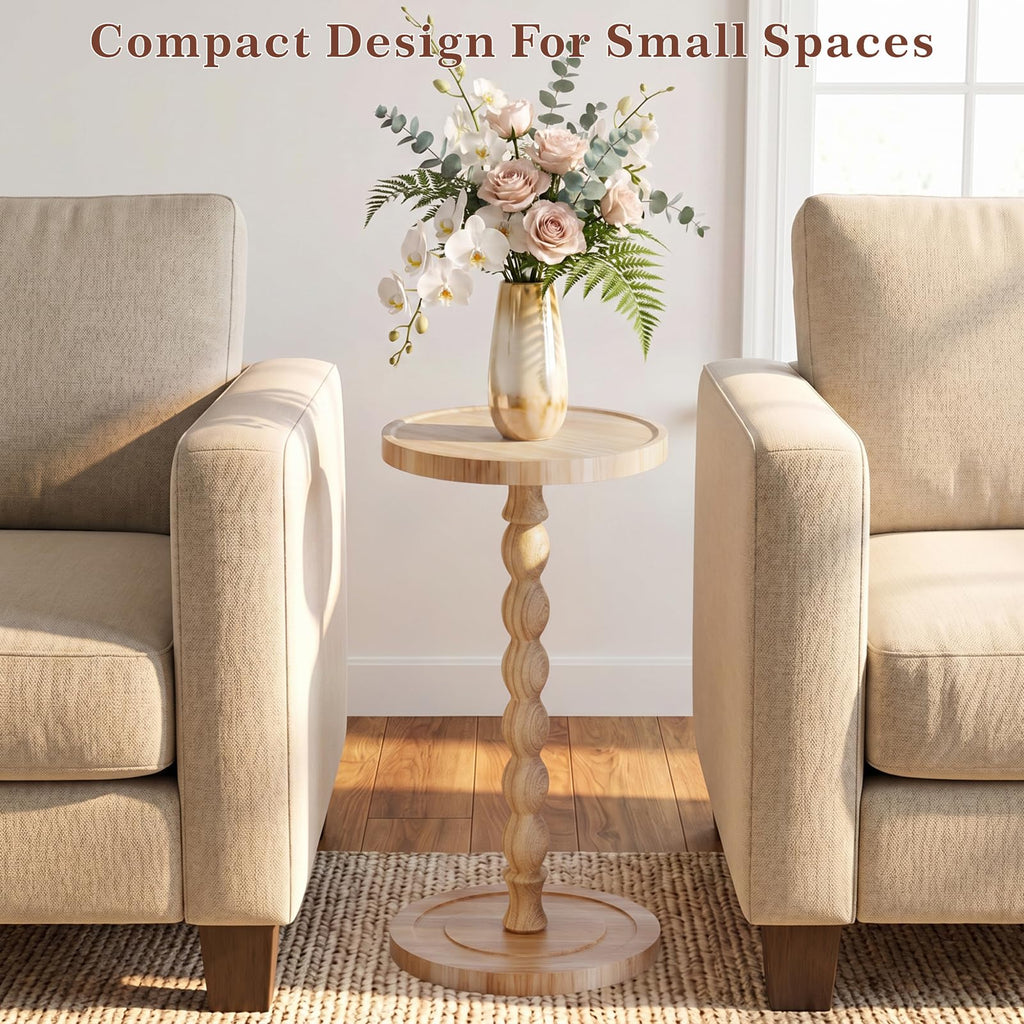 Small Round Side Table, Rubberwood‌ Drink Table for Small Spaces