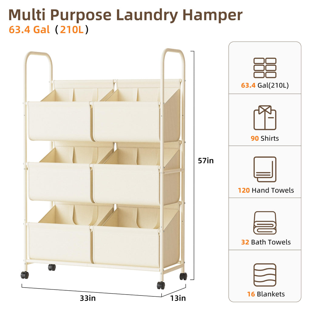 3-Tier Double Column Vertical Rolling Laundry Hamper, 6 Removable Bags
