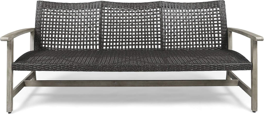 Marcia Outdoor Wood and Wicker Sofa, Light Gray Finish with Mix Black Wicker,Mixed Black, Light Gray Wash